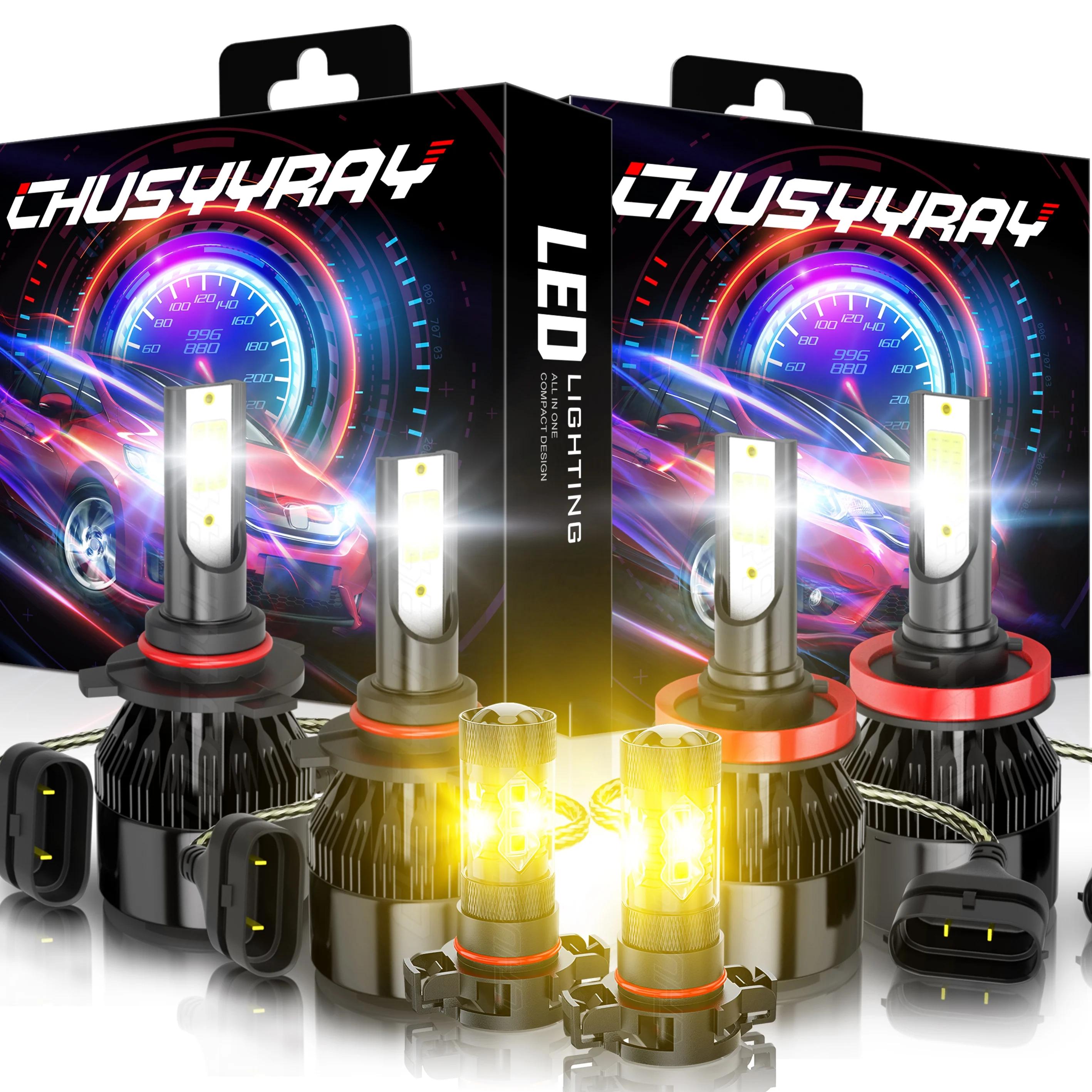 Bright White LED Headlight 9005+H11 Hi/Lo Bulb Kit + Amber H16/5202 LED Fog Light Bulbs Combo，Pack of 6