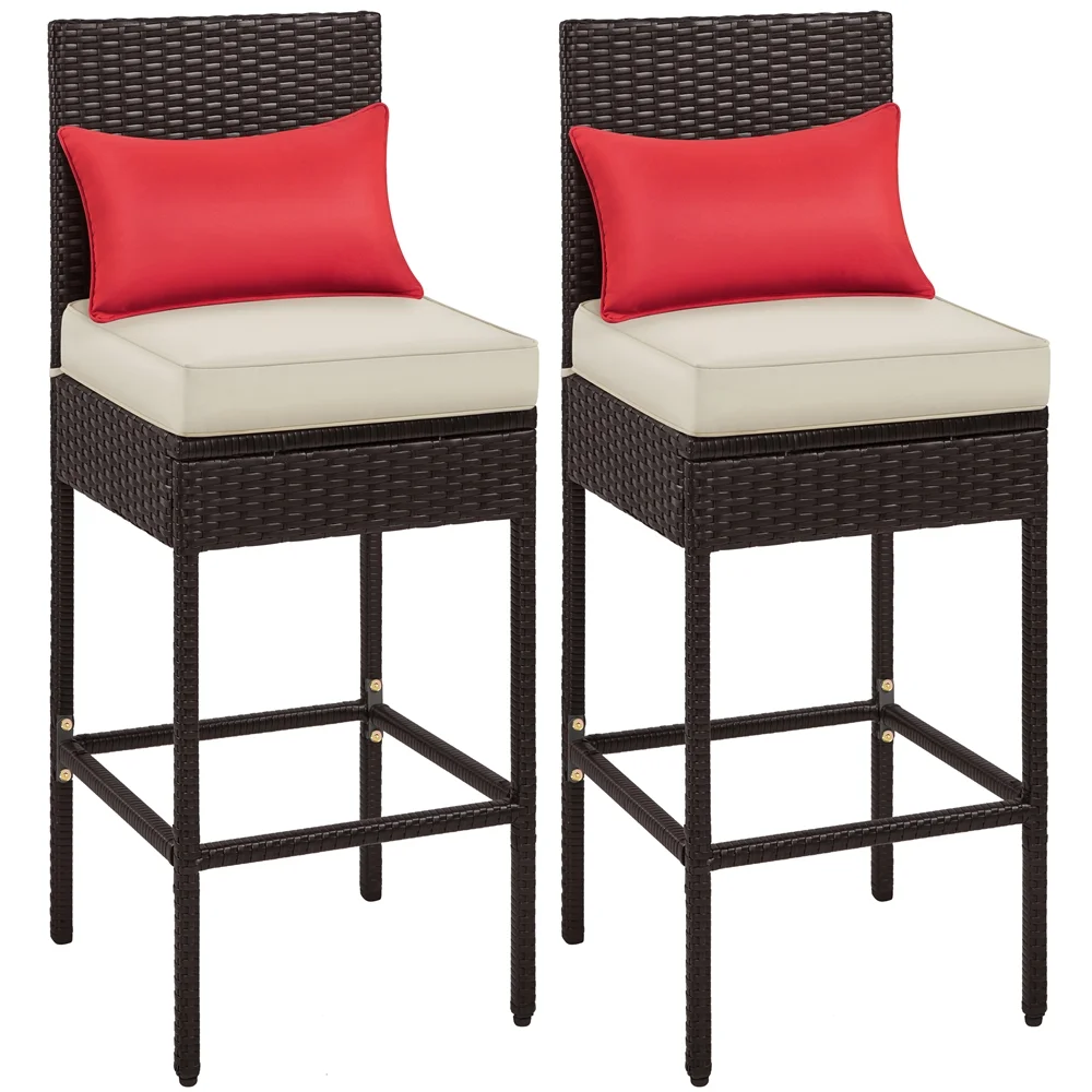 Alden Design 2pcs PE Rattan Bar Stool Set with Cushion for Outdoor, Brown/ Beige