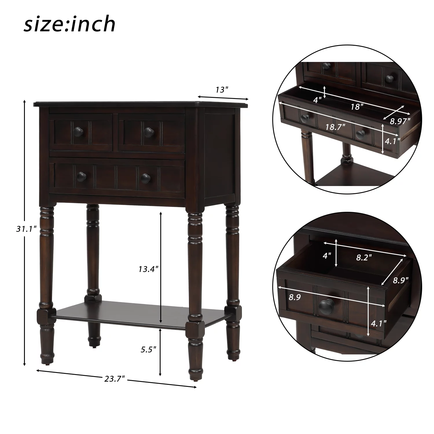 Console Sofa Table with 3 Drawers and Bottom Shelf, Entryway Hall Table, Sofa Tables Narrow Easy Assembly