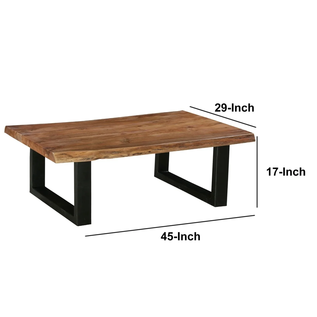 45 Inch Acacia Wood Rectangular Coffee Table Live Edge Details Black Powder Coated Metal Sled Base Natural Brown -
