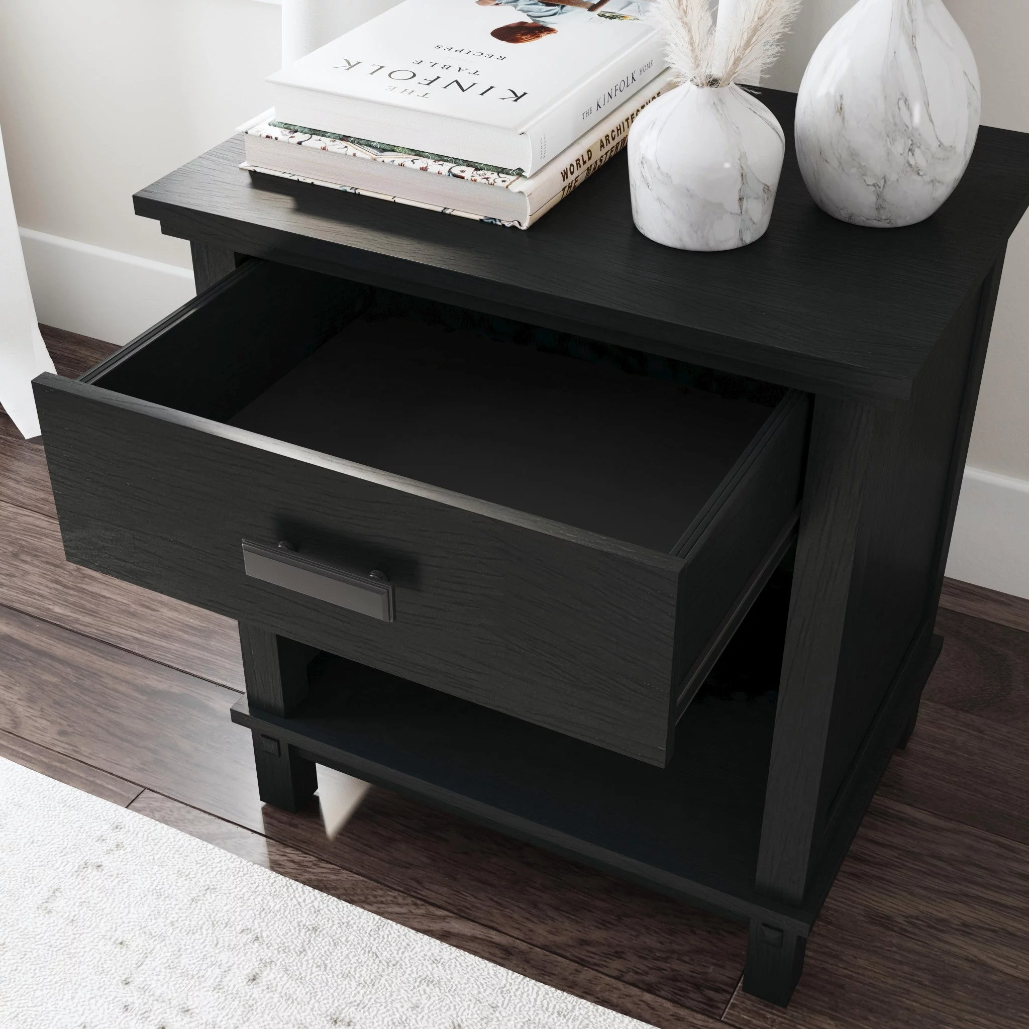 Homestyles Oak Park 1-Drawer Traditional Wood Closed Nightstand in Black