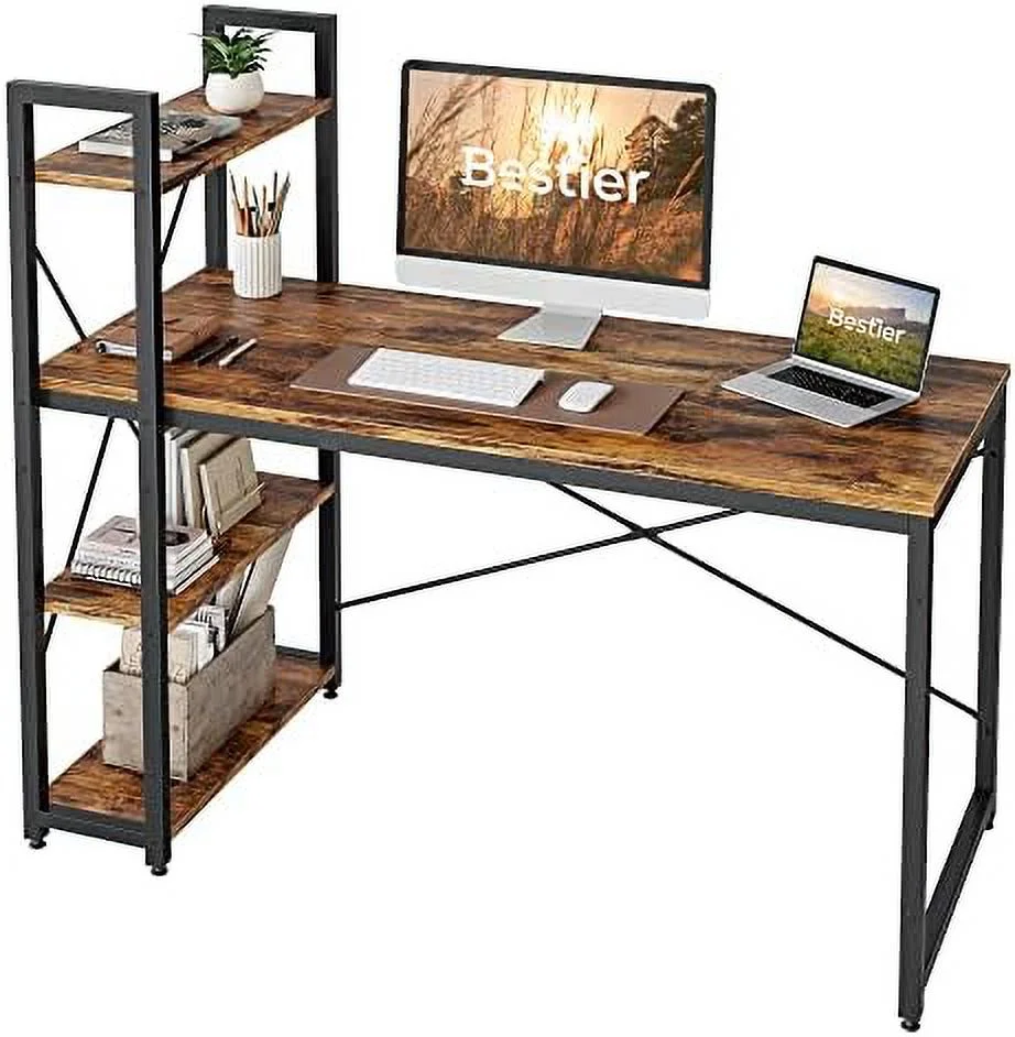 JDZHAPPYLIFE Computer Desk with Shelves - 47 Inch Small Space Home Office Desks with Bookshelf for Study Writing and Work - Plenty Leg Room and Easy Assemble  Grained Black