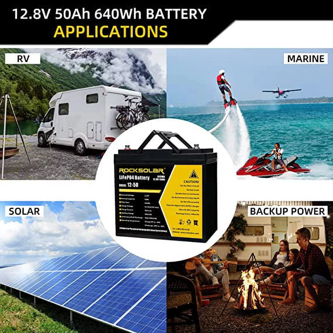 ROCKSOLAR 12V 50Ah LiFePO4 640Wh Lightweight Deep-Cycle Battery, Lithium Iron Phosphate Battery with BMS System