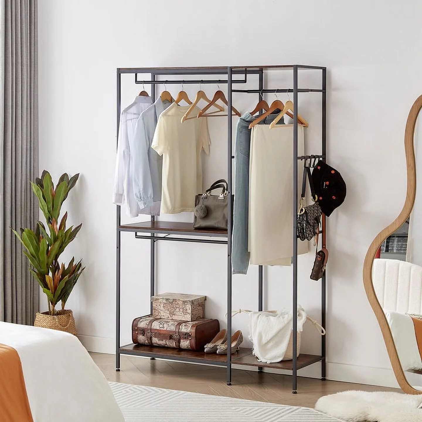 Heavy-Duty Freestanding Closet Organizer System - Metal Closet Rack Holds 350 lbs - Clothes Rack in Rustic Brown (46.3