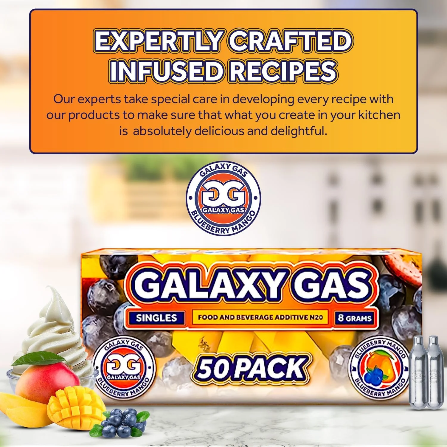 Galaxy Gas Blueberry Mango Flavor Whipped Cream Chargers, Nitrous Oxide 8 Gram Whip Cream Charger, Whipped Cream Charger Set, N2O Charger Set, 50 Counts, 1 Pack