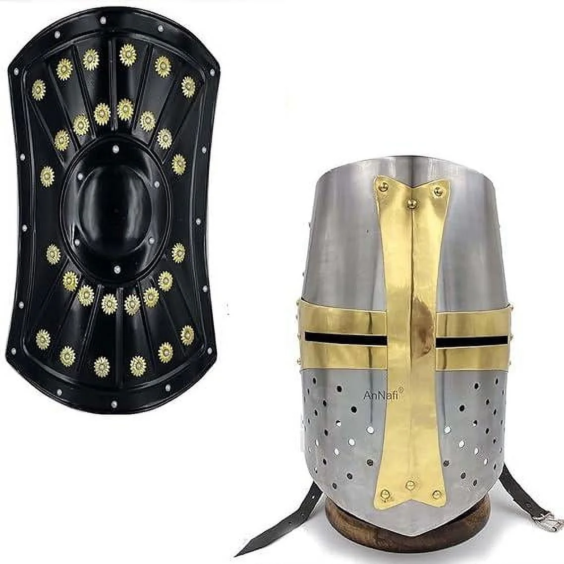 Brass Crusader Helmet | Medieval Metal Knight Helmets & Medieval Barbarian Armor Templar Viking 18” Iron Shield