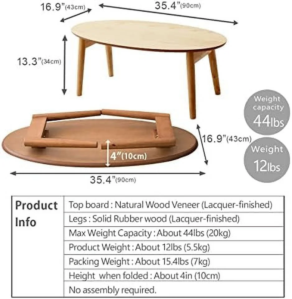 TQJKLFDY Wood Folding Coffee Table Oval (35.4"x16.9") Ash  Floor Sitting Low Table Small Space Minimalist Japanese Tatami Room