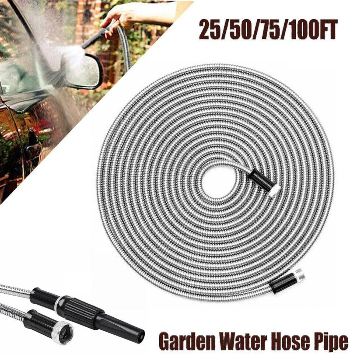 LUVCMFT Metal Garden Hose 50FT Flexible Garden Water Hose with Solid Metal Fittings and Spray Nozzle Stainless Steel Water Hose No-Tangle & No-Kink Durable and Lightweight