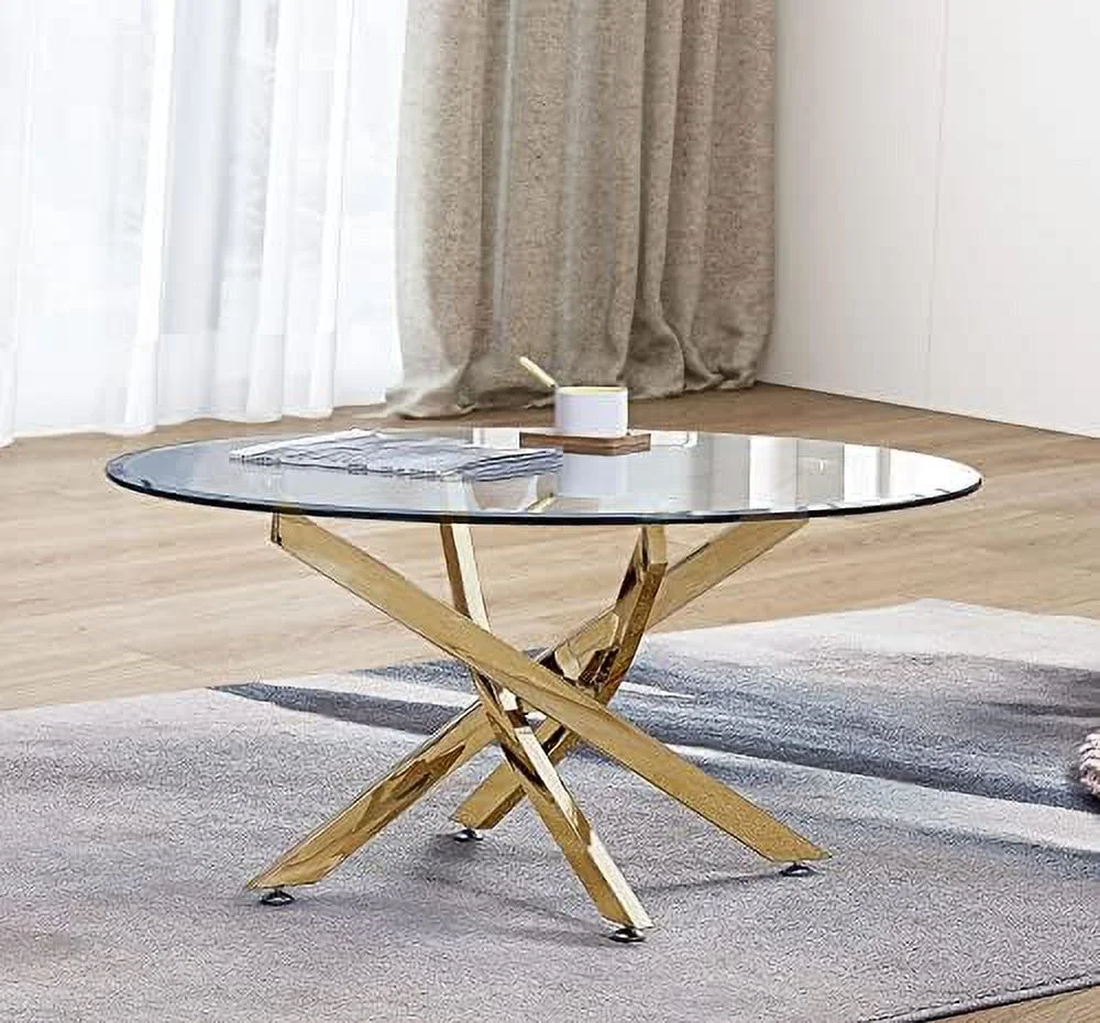 ZFGSUIJN 35Inch Modern Round Coffee Table Tempered Glass Center Table   Gold Stainless Steel Feet with Adjustable Pad  Elegant Glass Tea Table with Clear Glass Top