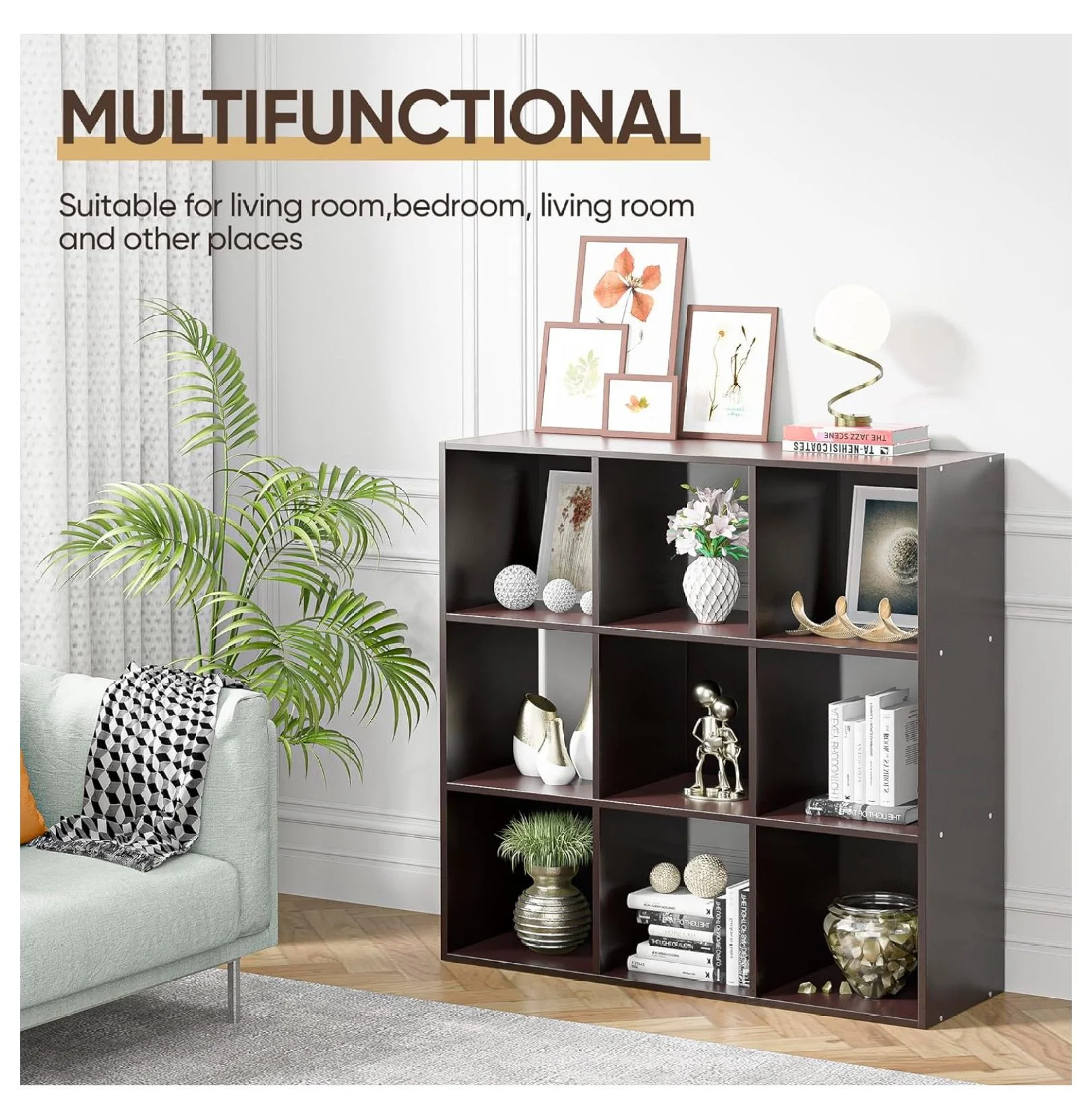 9 Cube Storage Organizer Shelf with 5 Removable Back Panels Freestanding 3-Tier Open Wood Bookshelf for Home, Office, Bedroom, Living Room (Espresso)