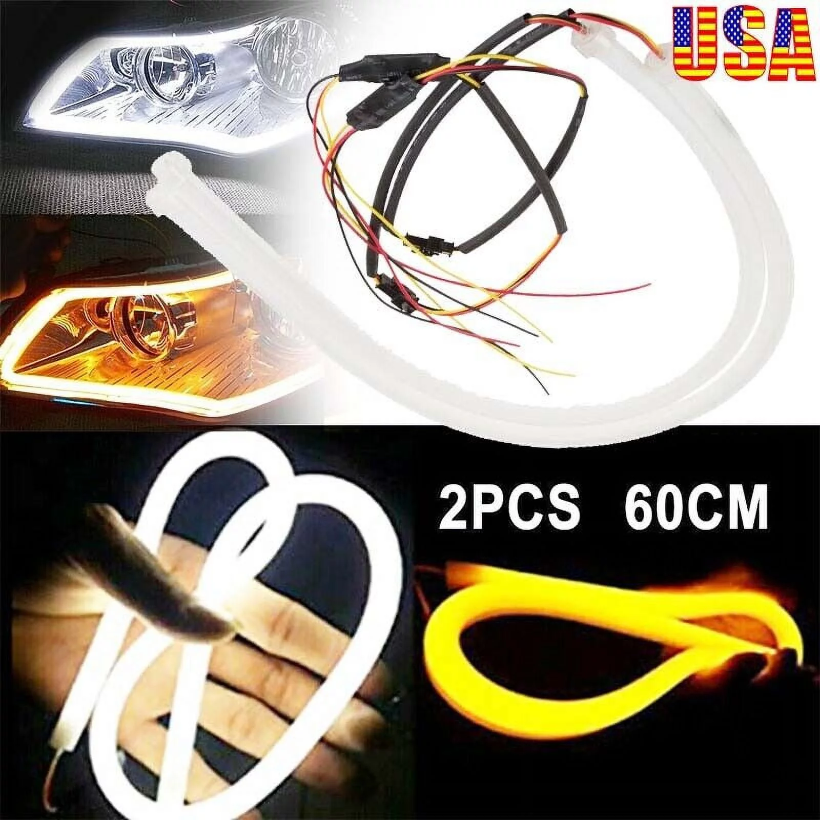 24'' Switchback Flexible LED Tube DRL Turn Signal Light Strip Kit For Headlight