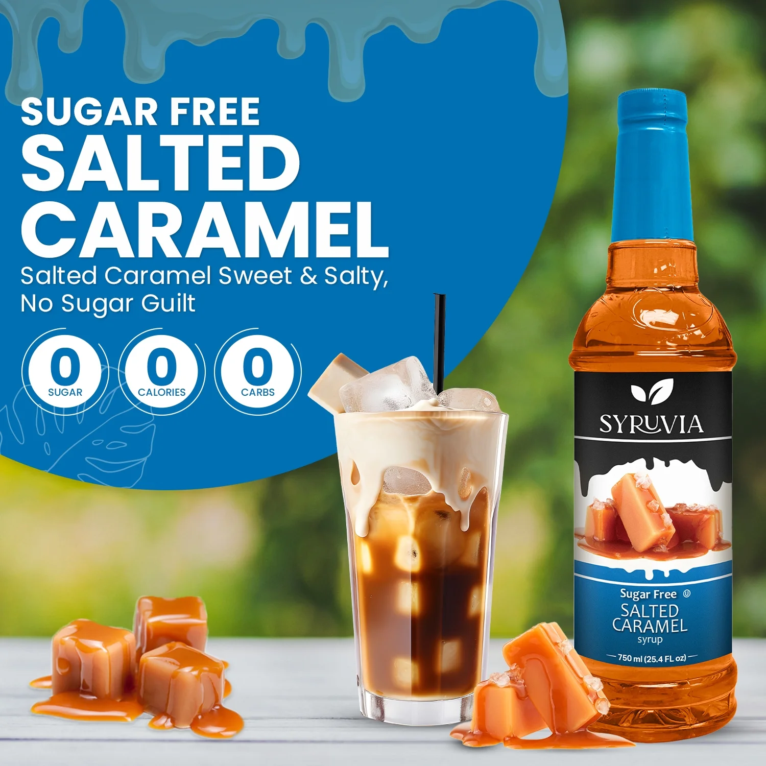 Syruvia Salted Caramel Sugar Free Coffee Syrup No-Calorie Coffee Sauce for Coffee, Lattes, Shakes, Smoothies, Desserts, 25.4 Fl. Oz