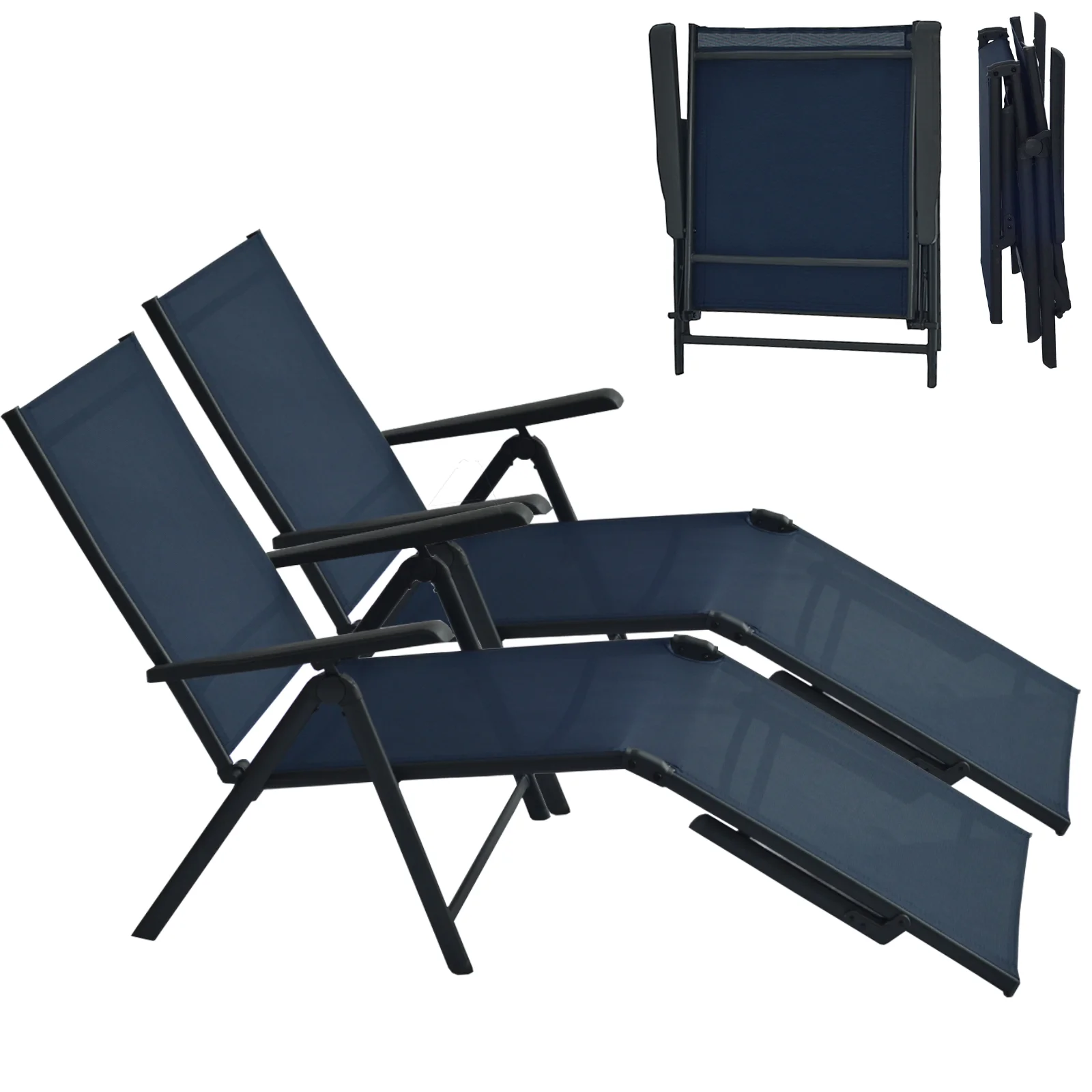 Outdoor Adjustable Patio Chaise Lounge Chairs, Folding Recliners with 5-Position Backrest, Durable Textilene Fabric, Set of 2 for Poolside, Beach, and Backyard - Navy Blue