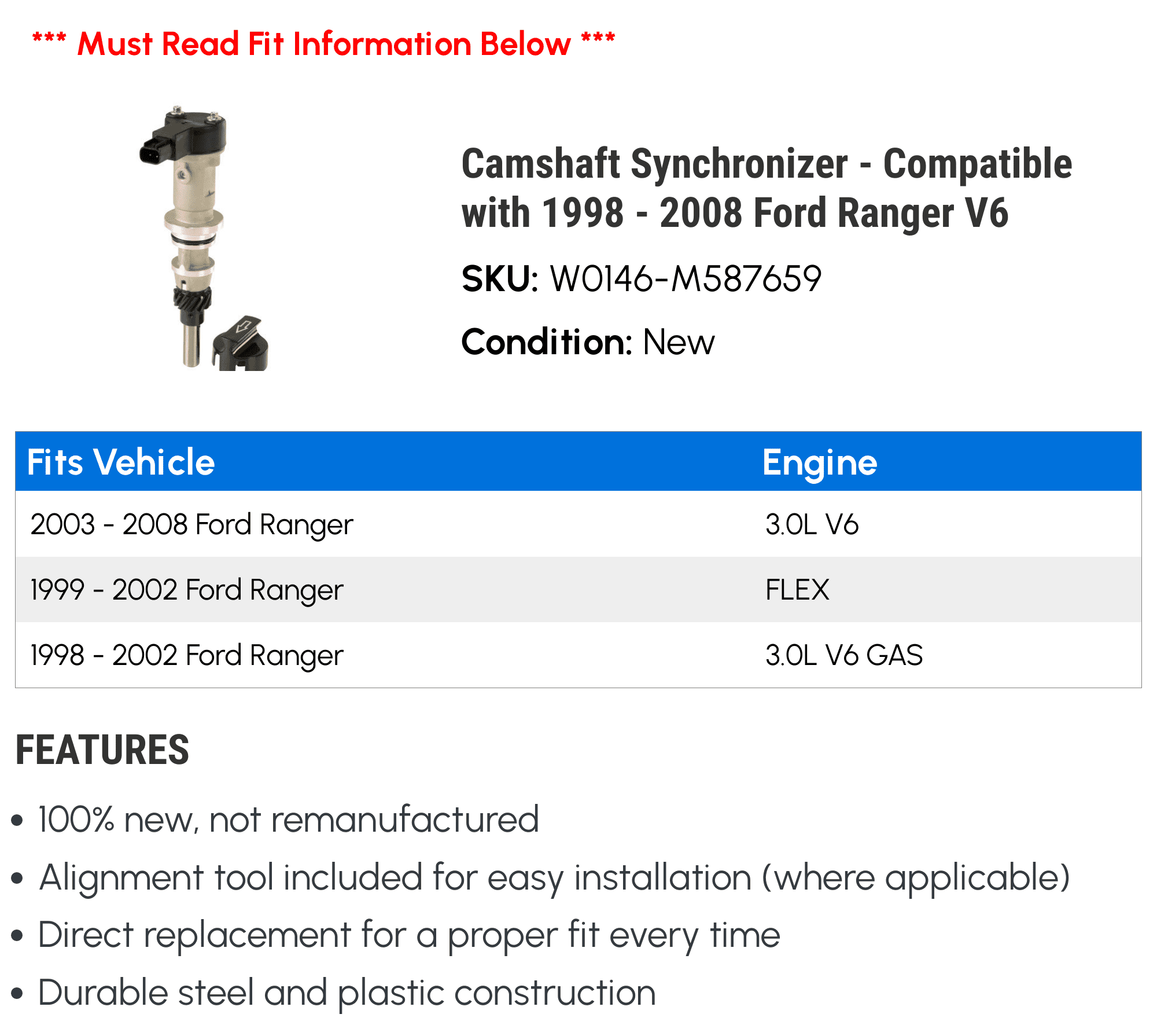 Camshaft Synchronizer - Compatible with 1998 - 2008 Ford Ranger V6 1999 2000 2001 2002 2003 2004 2005 2006 2007