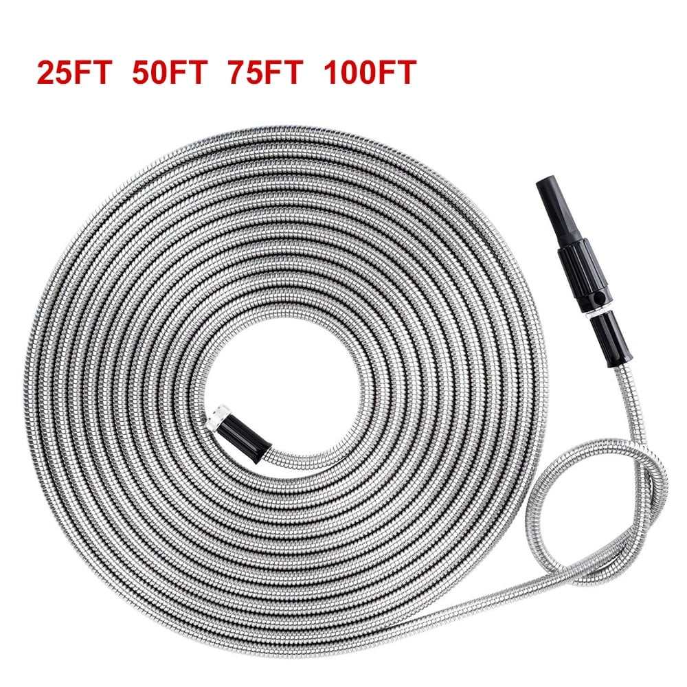 Lucky Monet 25/50/75/100FT  Stainless Steel Garden Water Hose w/ Adjustable Nozzle 25FT