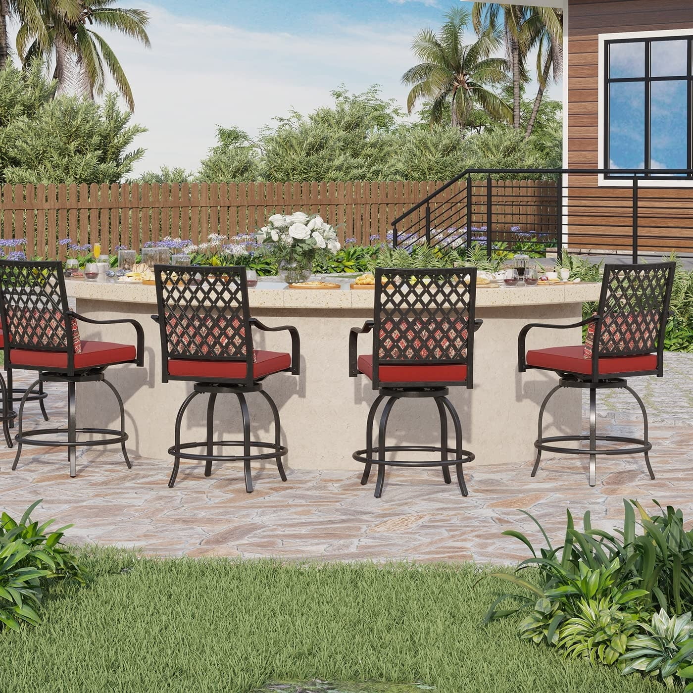 Outdoor Swivel Metal Cushioned Bar Height Patio Chairs Set of 4 Red