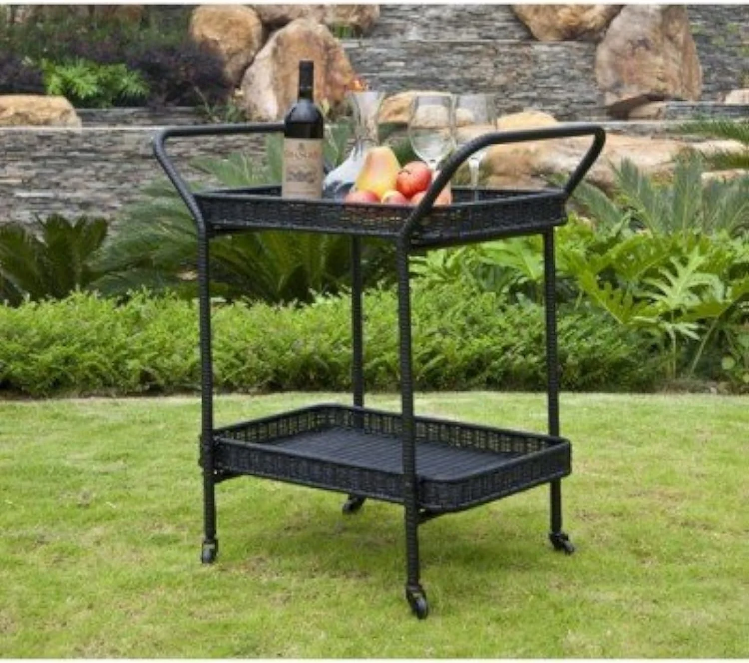 Jeco Wicker Patio Serving Cart in Black