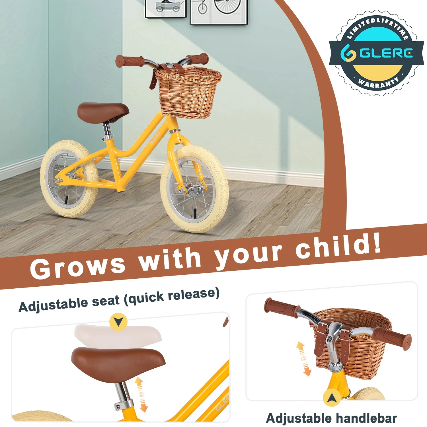 Glerc 12 inch Kids Balance Bike with Basket for 2-6 Years Old Children,Yellow