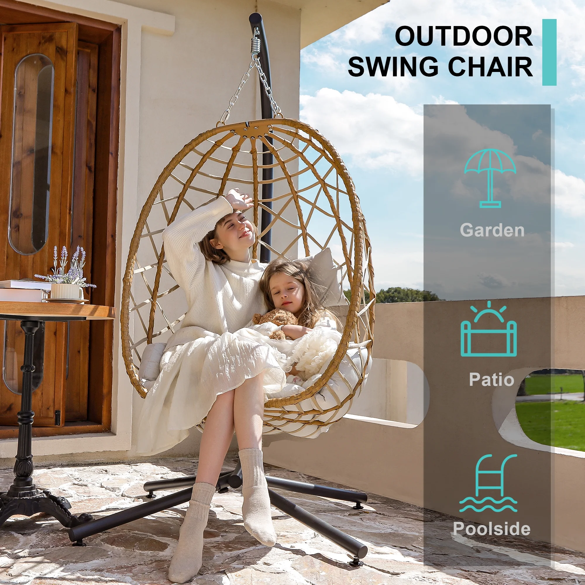 SWITTE Egg Chair with Stand , PE Wicker Hanging Outdoor Egg Chair with Metal Frame, Beige