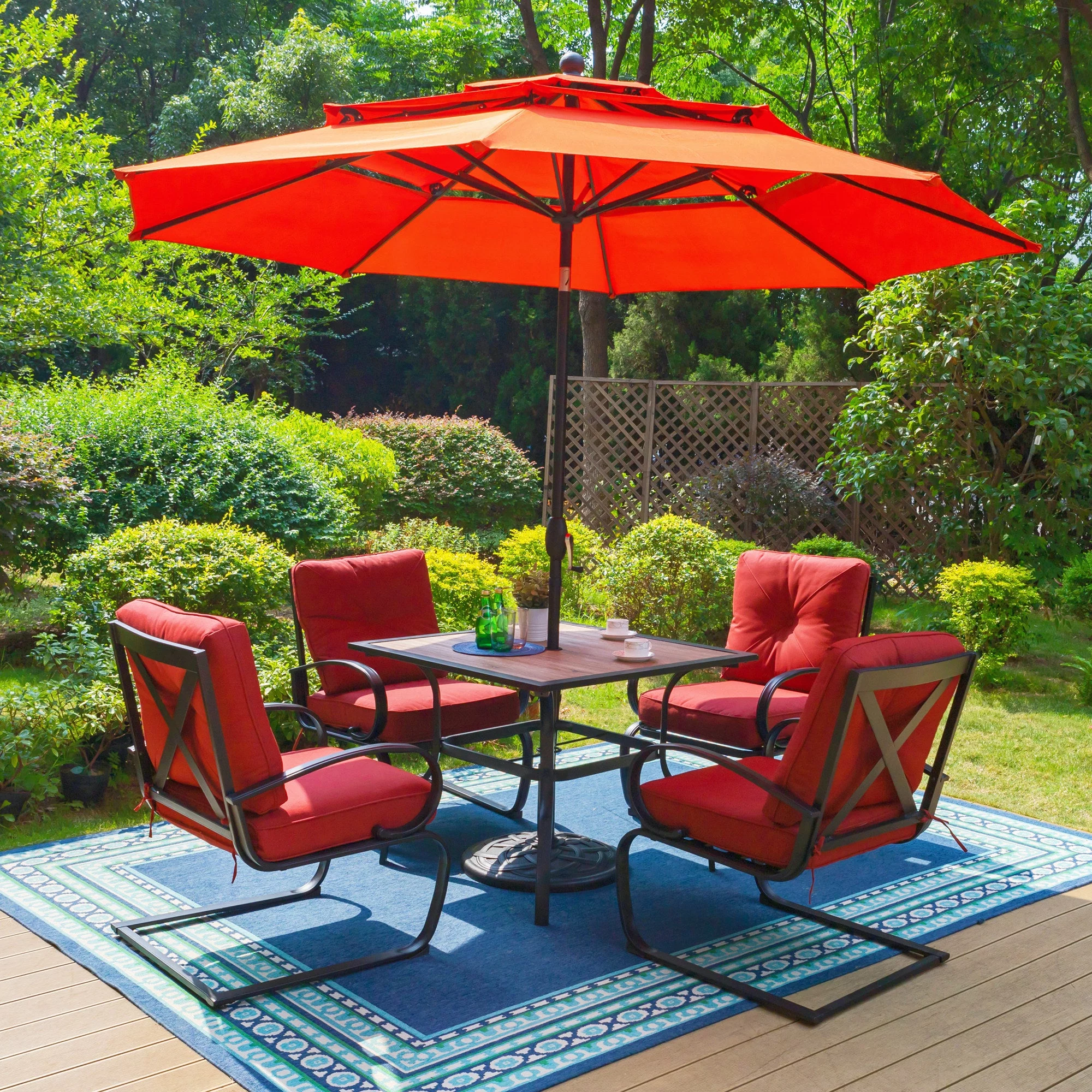 MF Studio 6-Piece Outdoor Patio Set with 10 FT 3-Tier Round Umbrella, 4 PCS C-shape Padded Rocking Chairs&Square Dining Table, Red Cushion&Umbrella