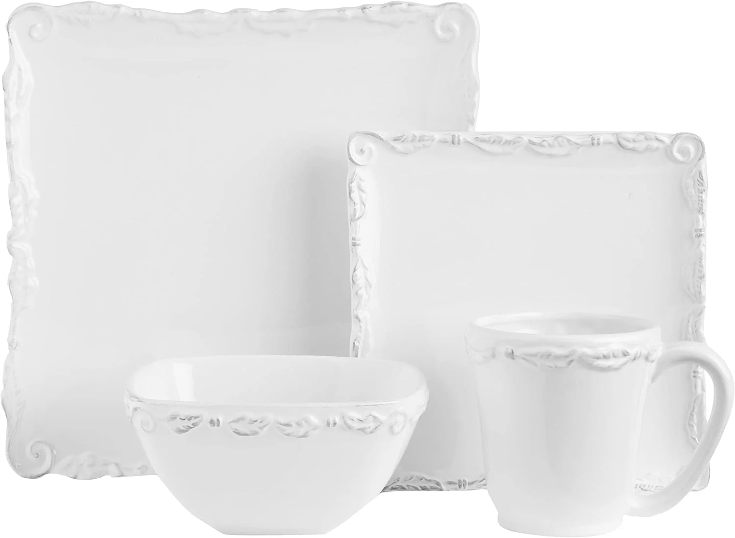 Square Dinnerware Sets | White Kitchen Plates, Bowls, And Mugs | 16 Piece Bianca Collection | Dishwasher And Micro Safe | Service For 4