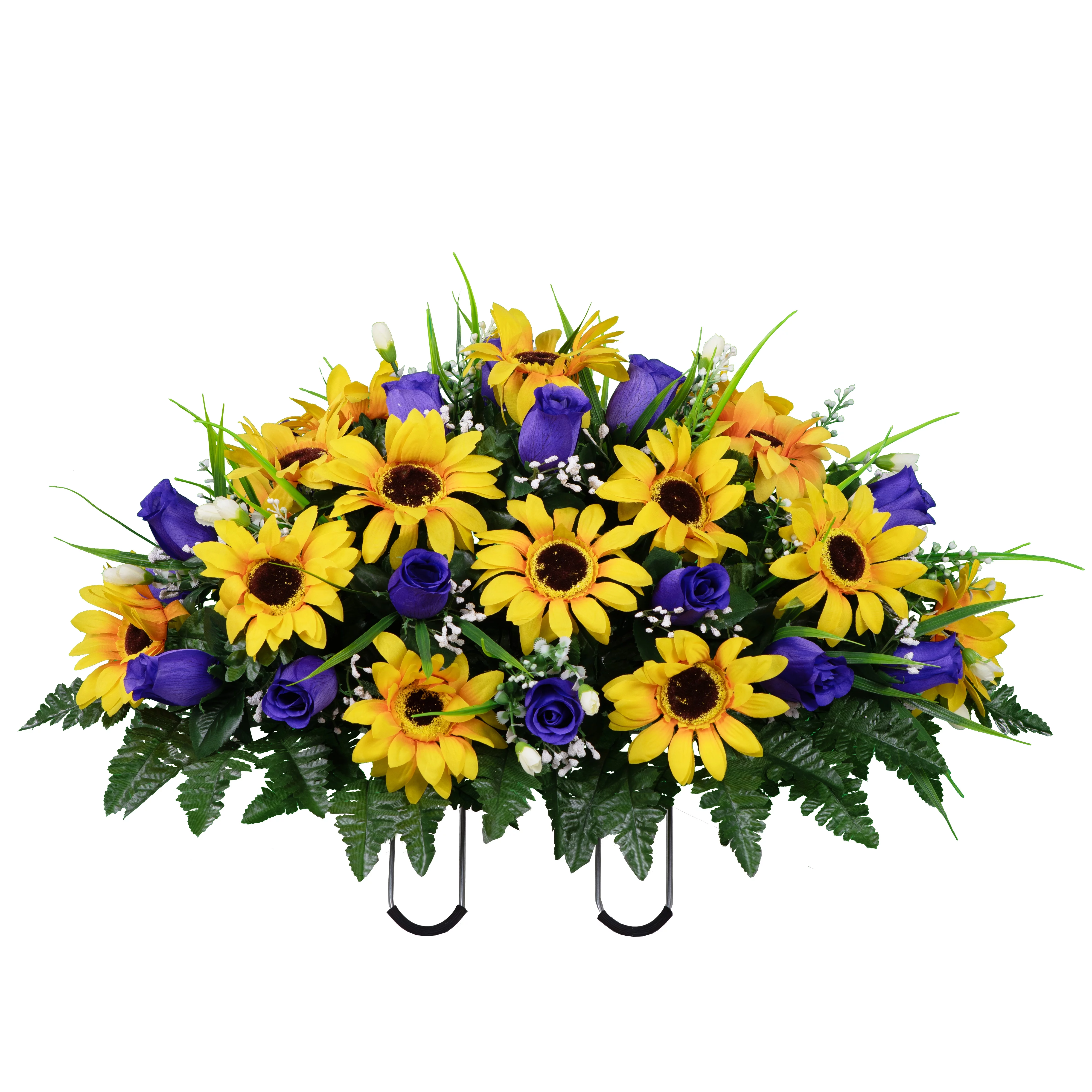 Sympathy Silks Artificial Cemetery Flowers Purple Roses and Yellow Sunflowers Fall Saddle for Headstone