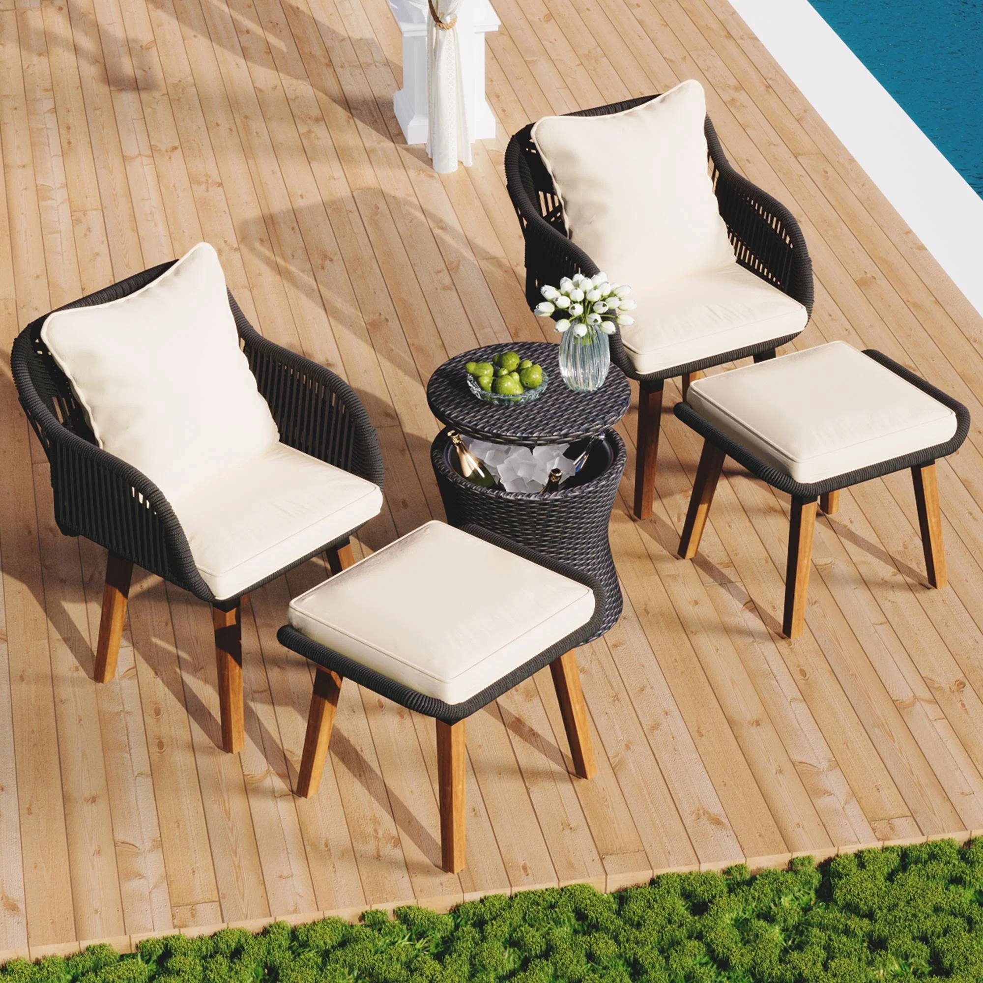 Bellemave 5-Piece All Weather Acacia Solid Wood and Rope Outdoor Bistro Set Patio Conversation Set with Cool Bar Table, Armchair and Ottoman for Garden Yard Poolside, Beige Cushion