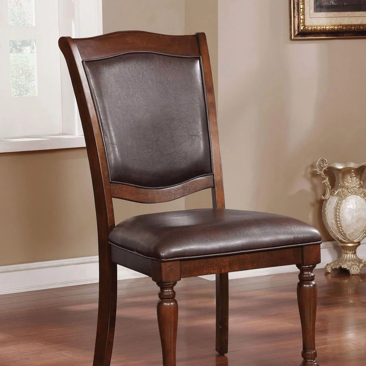 CoSoTower Luxurious Traditional Dining Chairs Brown Cherry Solid Wood Espresso Leatherette Seat Set of 2pc Side Chairs Turned Legs Kitchen Dining Room