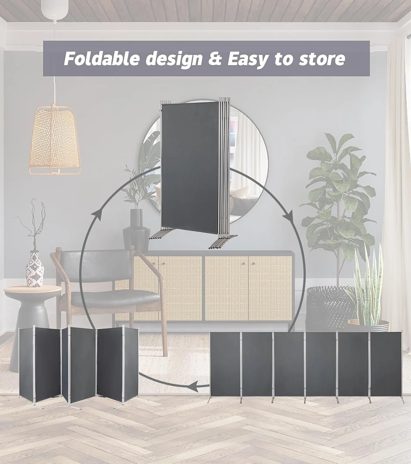 6 Panels Room Divider 6 FT Tall Weave Material Room Divider, Double Hinged Folding Privacy Screens, Freestanding Room Dividers, Grey