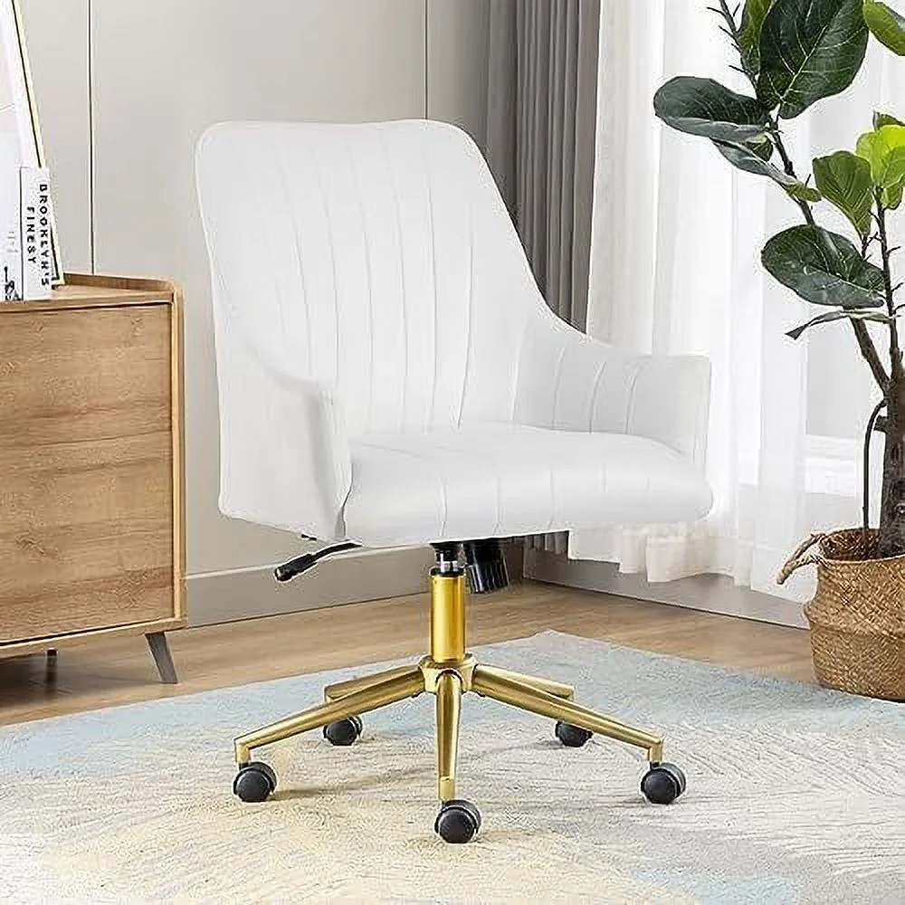 RSJIWOGZ Desk Chair for Home Office Velvet Modern Accent Chair Upholstered Tufted Office Chair with Gold Base Swivel Wheels and Adjustable Height Armchair Study Work Stool White Vanity Ch