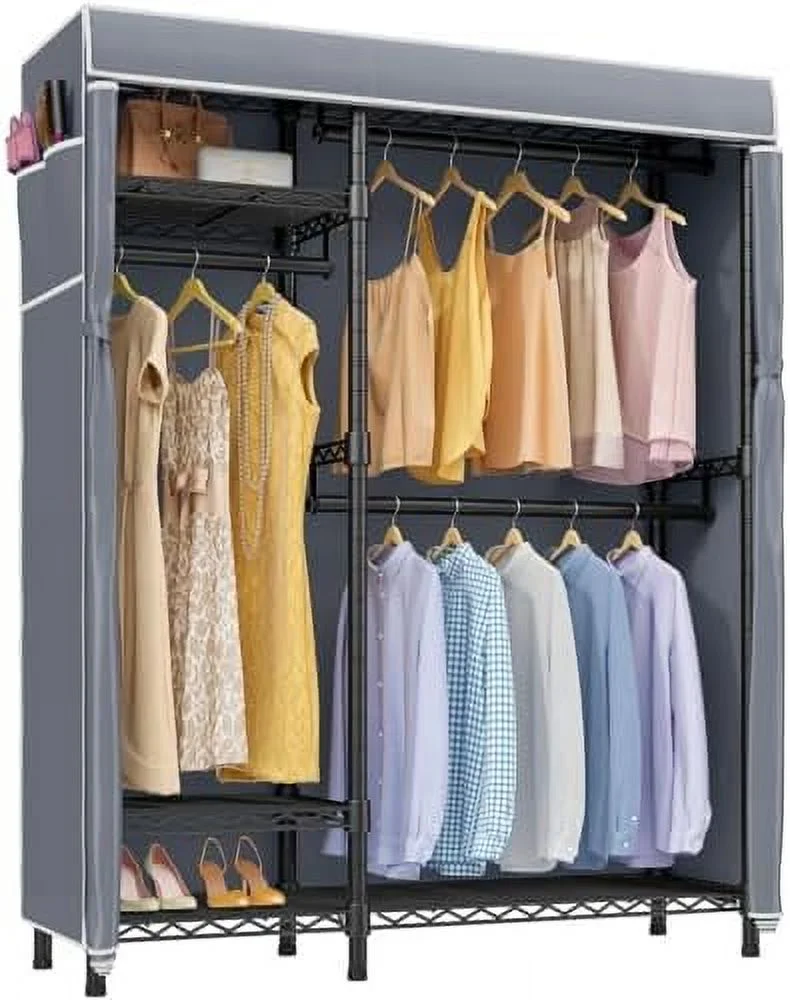 GVJMTKP V2C Covered  with 3 Hanging Rods  White Metal Clothing Rack with Grey Oxford Fabric Cover Cover  Portable Closet Rack Free Standing Closet Wardrobe for Bedroom  Max Load 700LBS