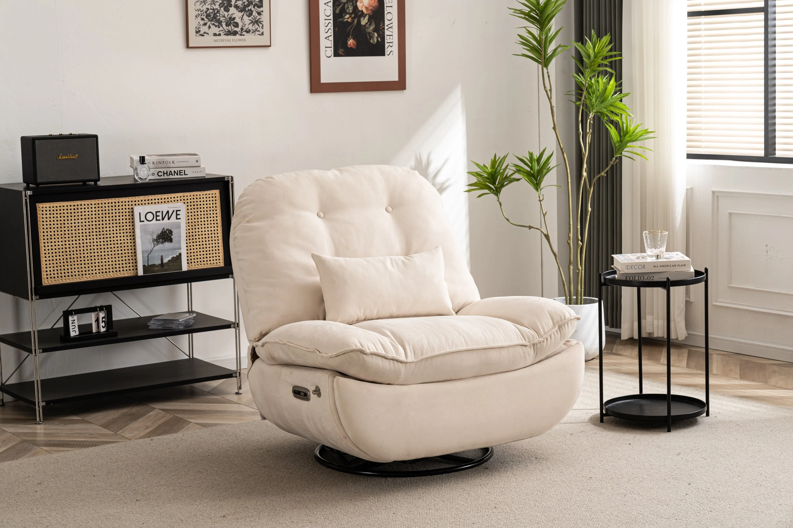 Clara Power Linen Recliner Swivel Glider USB Charger with Bluetooth  - Cream