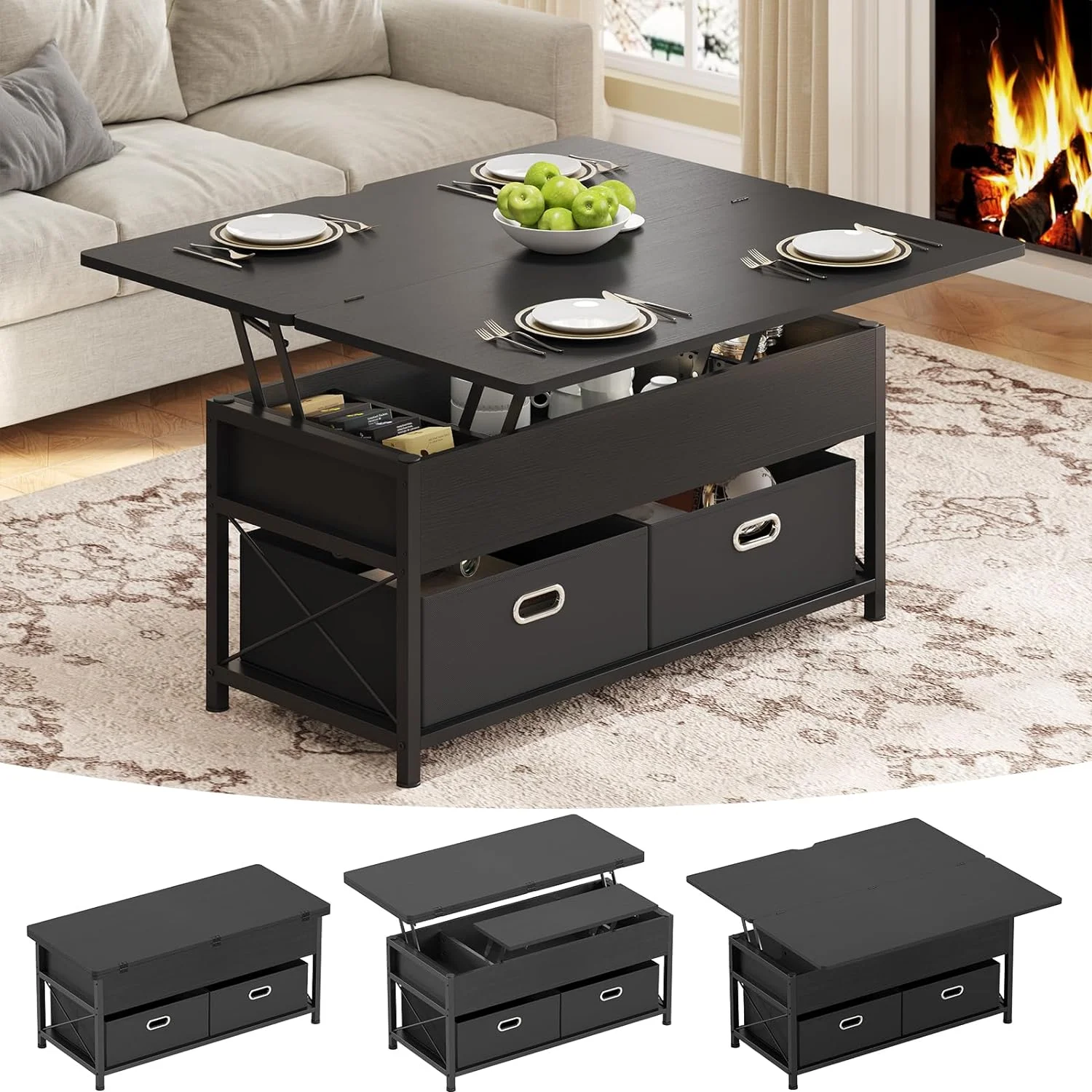 Modern Black Coffee Table with Lifting Top,4 in 1 Lift Top Square Center Table with 2 Drawers and Storage,Dining Table for Living Room