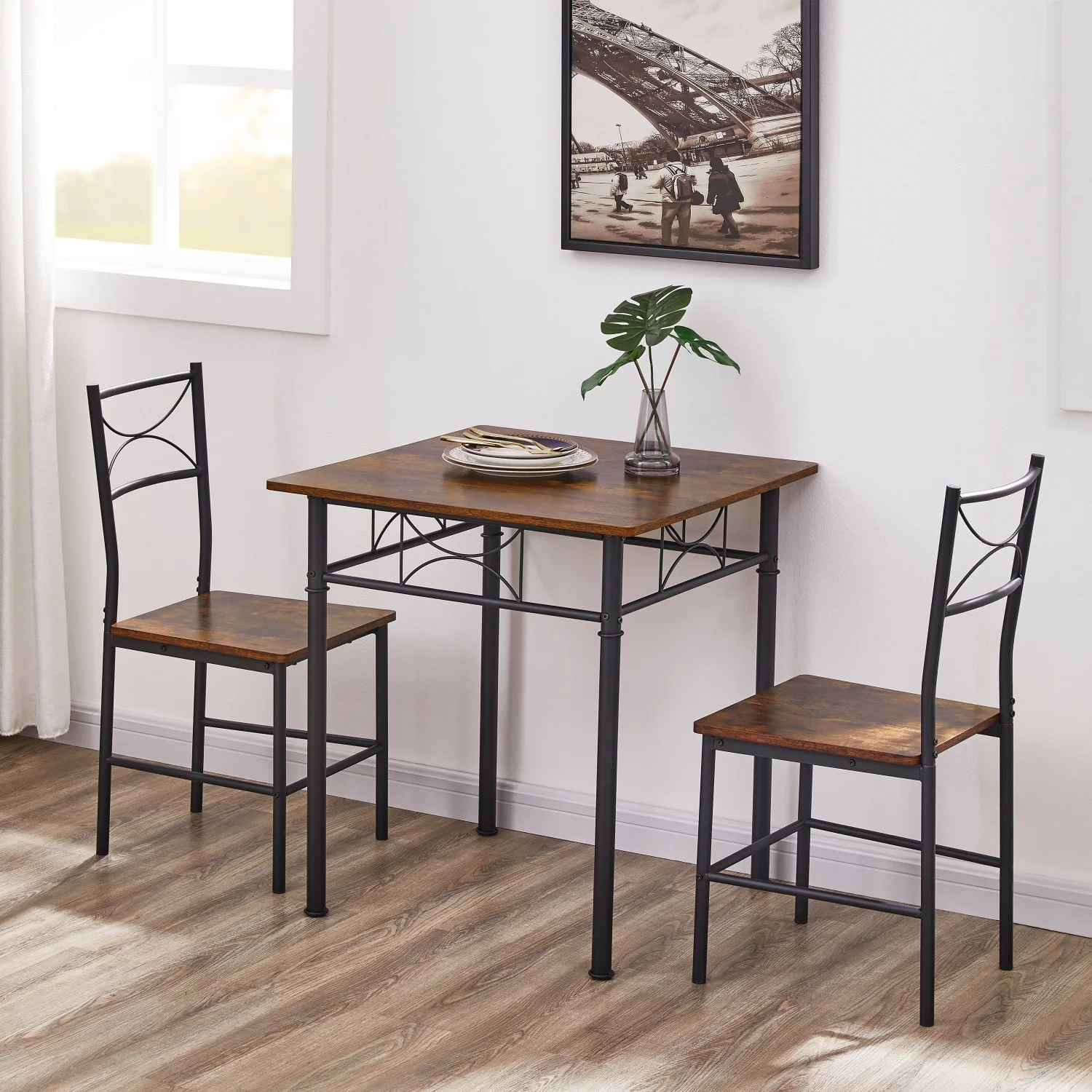 DremFaryoyo 3-Piece Kitchen Dining Room Table Set Retro Brown Chair
