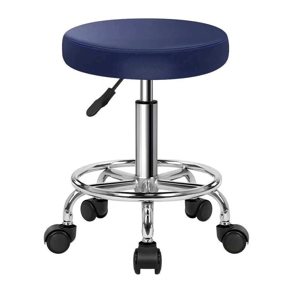 Blue Swivel Height Adjustment Spa Drafting Salon Tattoo Work Office Massage Stool Task Chair PU Leather Round Rolling Stool With Foot Rest