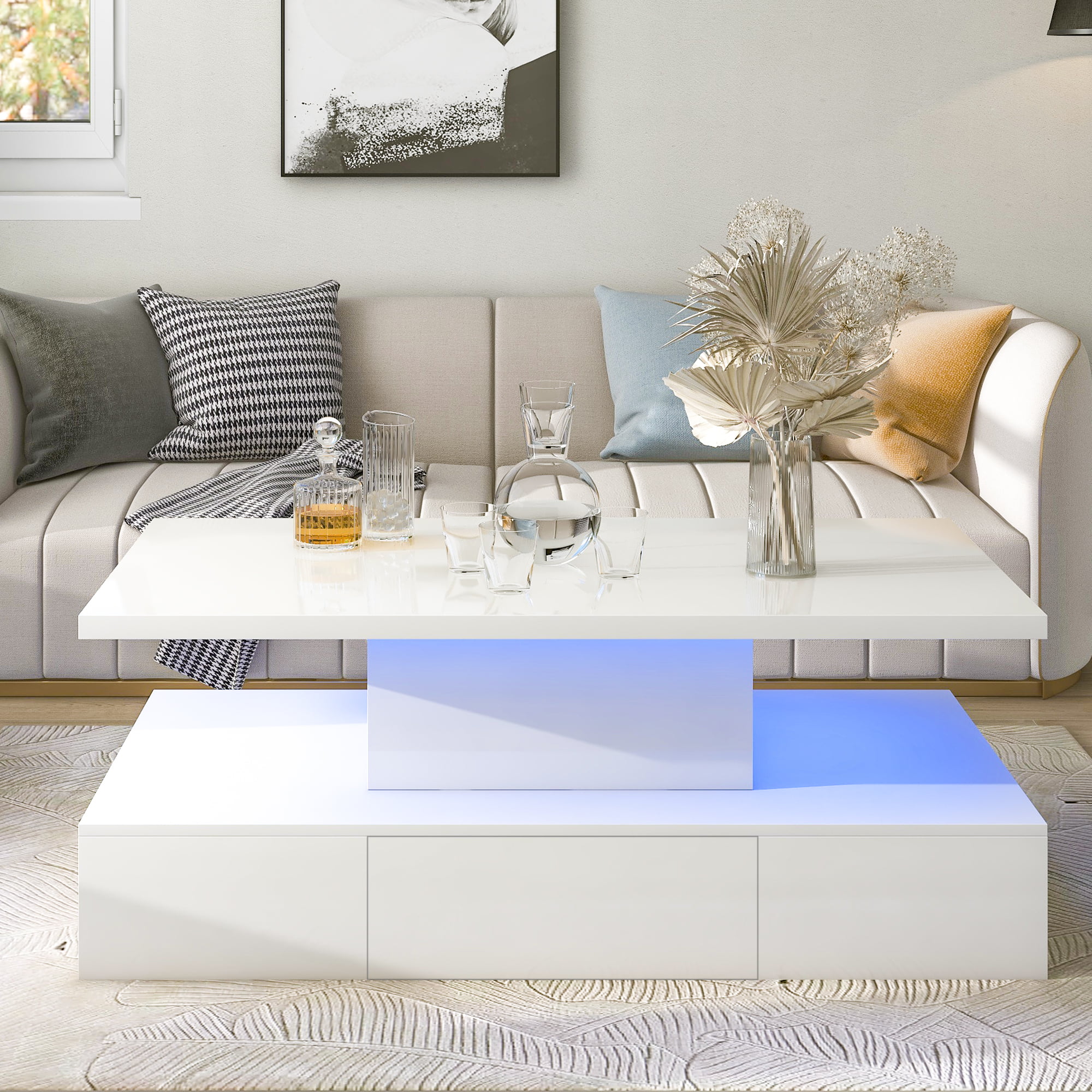 LED Coffee Table with Drawer, 2-Tier Rectangle Center Coffee Table with 16-Colors LED Lighting, Living Room Table Furniture, UV High-Gloss Tea Table, Modern LED Coffee Table for Living room, White