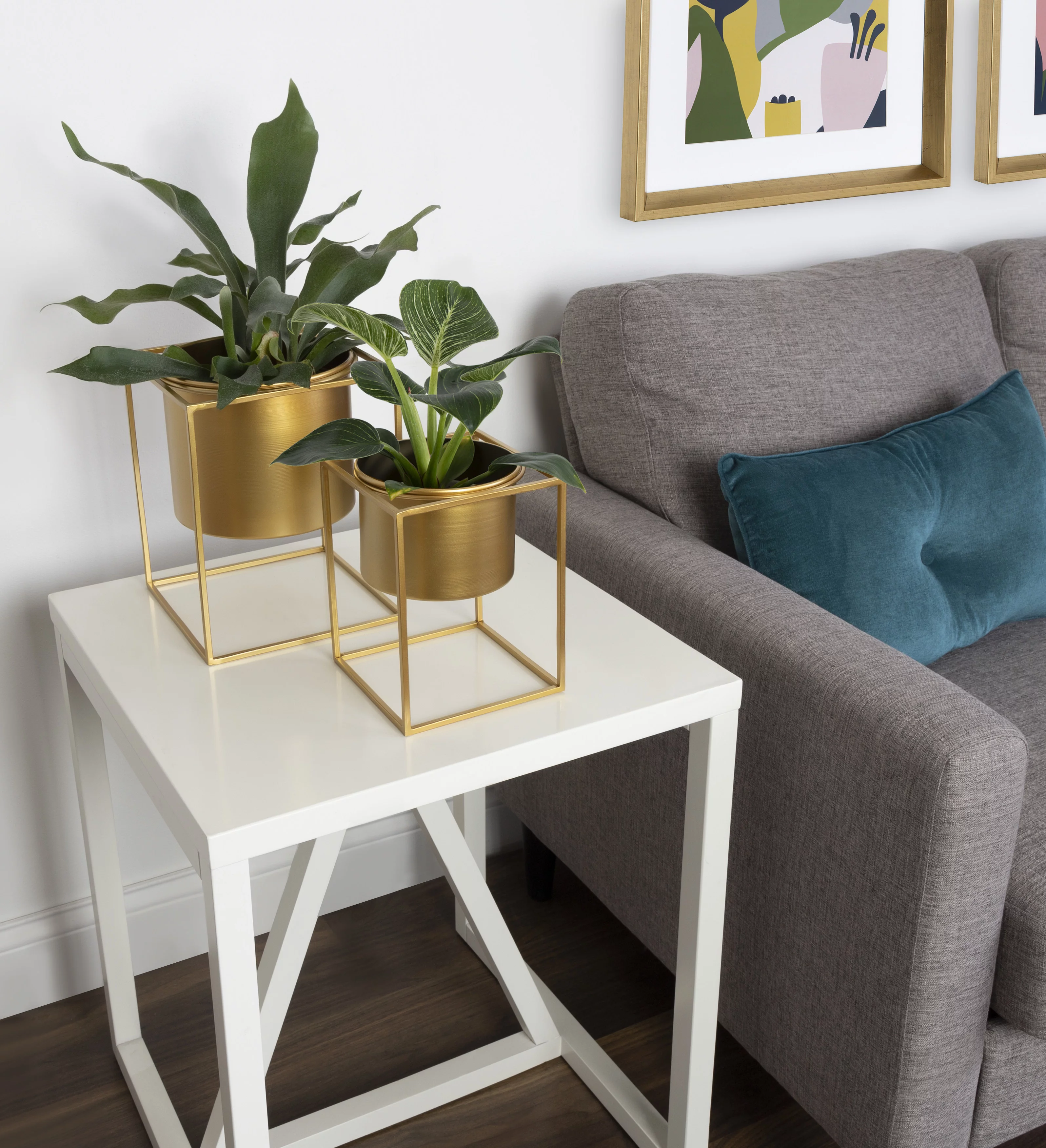 Kate and Laurel Fitch Modern Metal Freestanding Planters, Set of 2, Gold, Geometric Square Floating Planter Pots