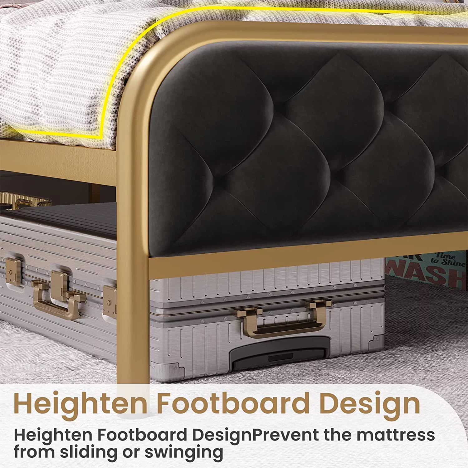 EPHEX Queen Upholstered Bed Frame with Button Tufted Headboard Heavy Duty Metal Platform Bed Frame with Velvet Headboard, Gold & Black