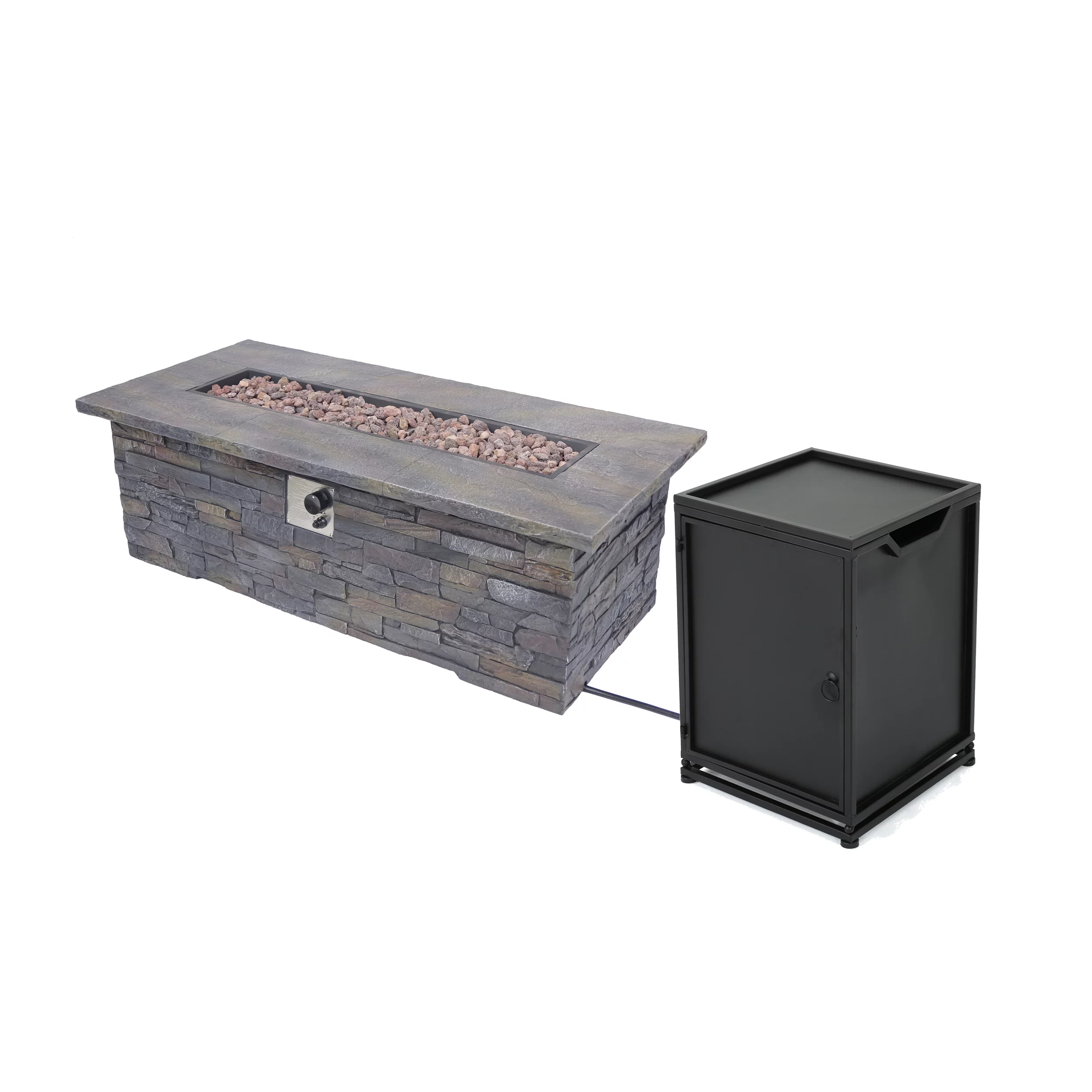 Louie Outdoor Light Weight Concrete Rectangular Fire Pit and Tank Holder, Natural Stone, Black