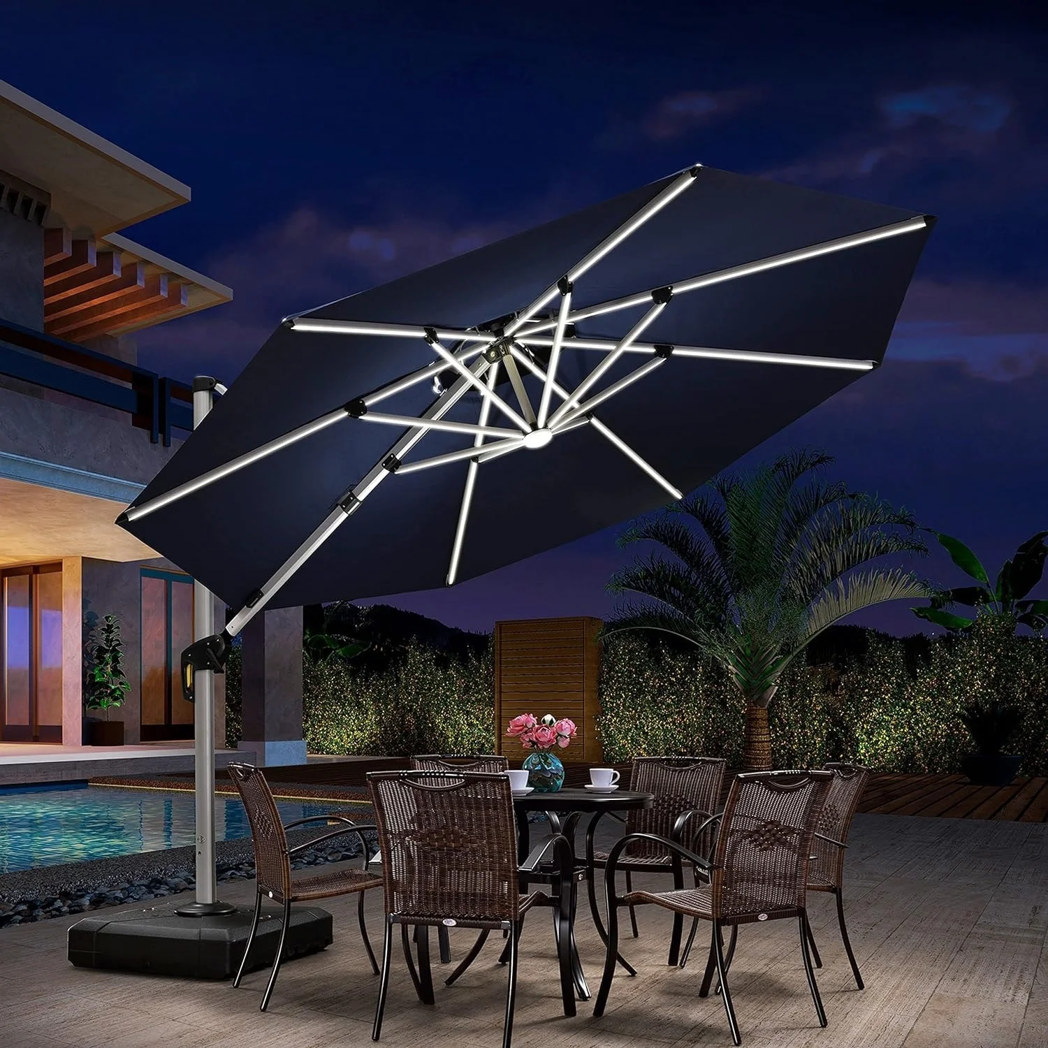 PURPLE LEAF  11 ft Double Top LED Round Patio Cantilever Umbrella Navy Blue
