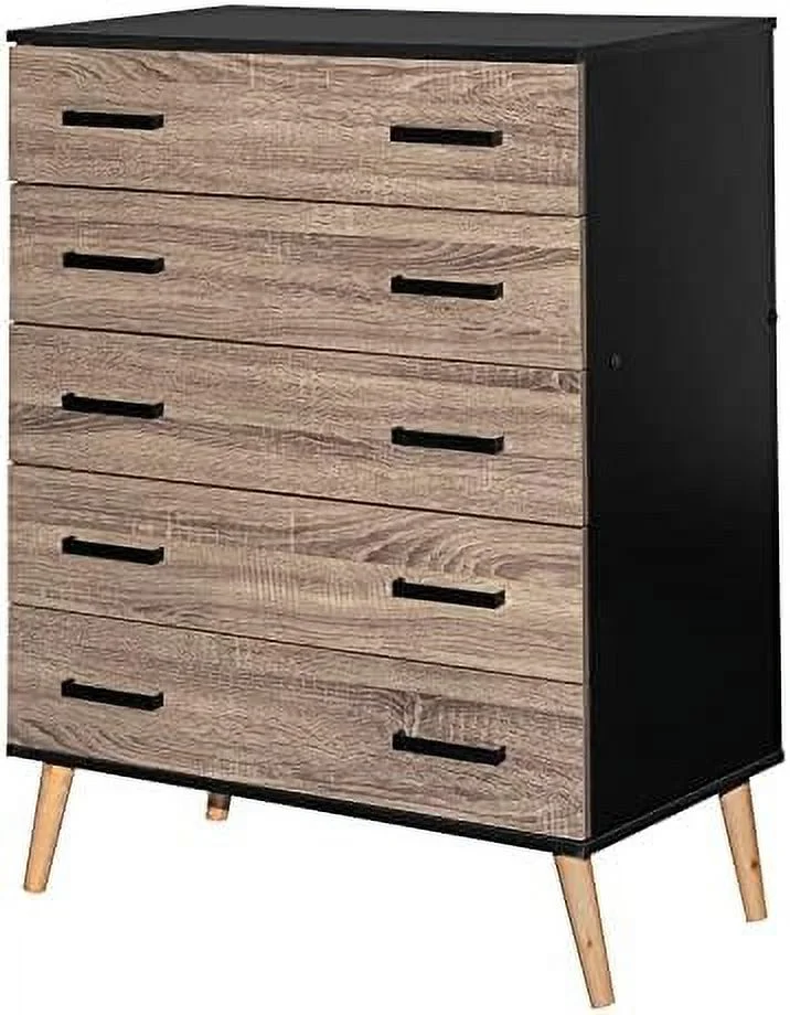 HBBOOMLIFE Eli Mid-Century Modern 5 Drawer Chest Dark Gray & Honey Oak