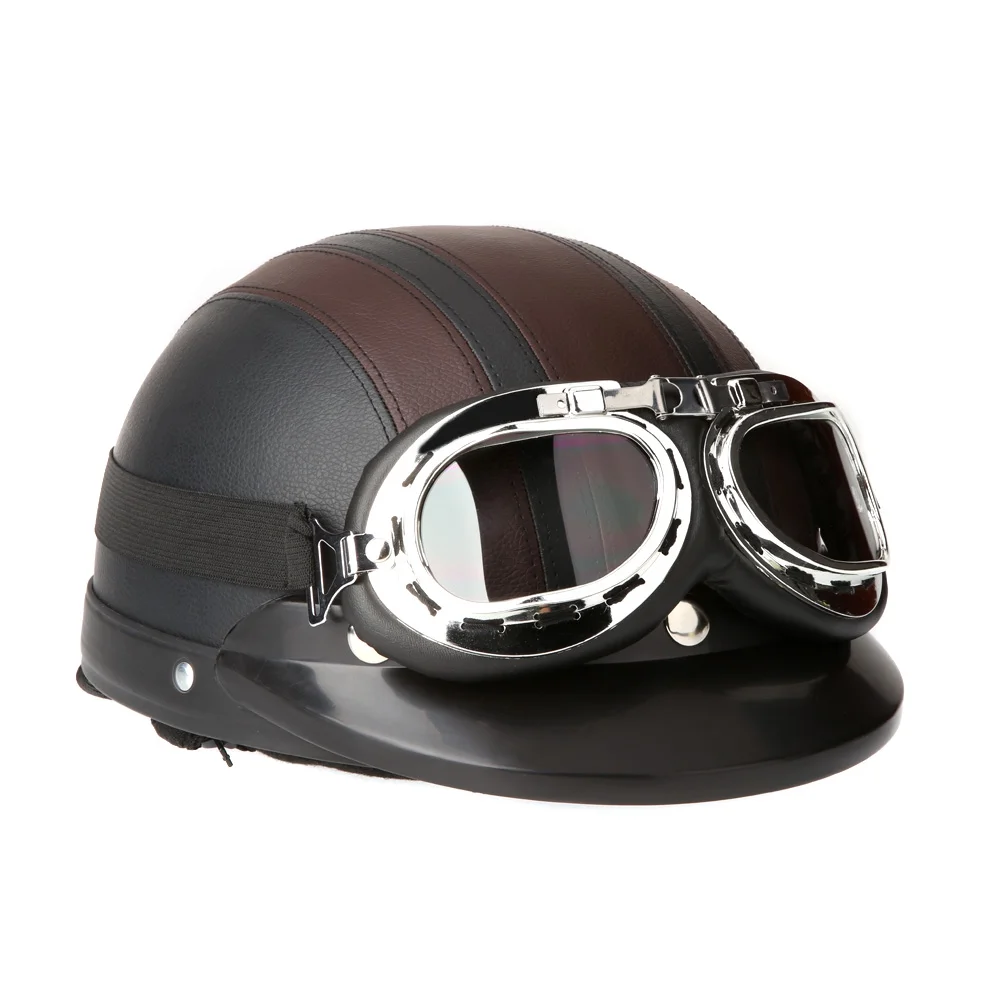 Motorcycle Scooter Open Face Half Leather Helmet with Visor Goggles Retro Vintage Style 54-60cm