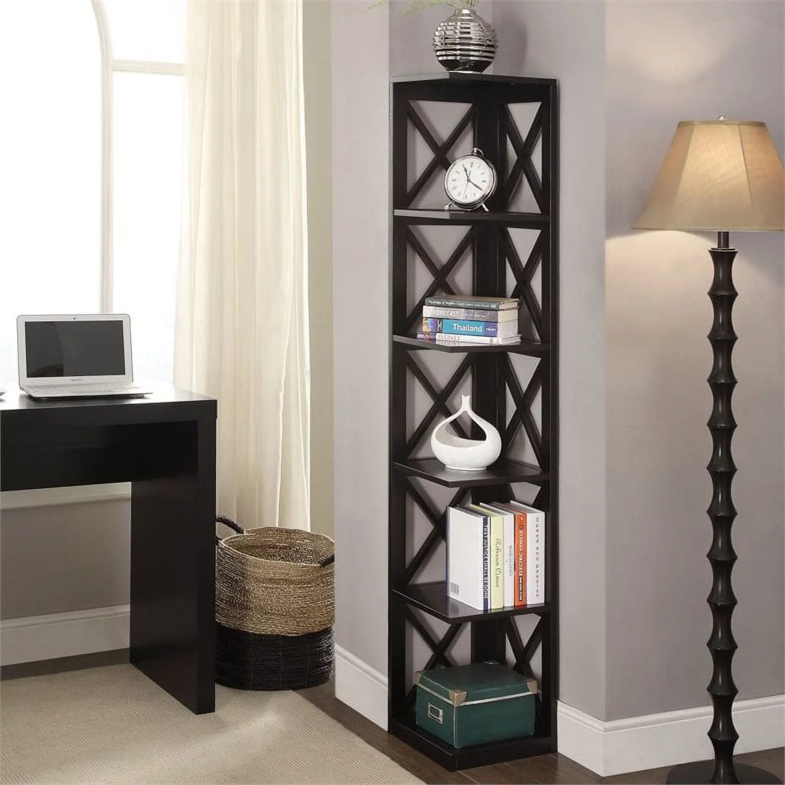 Pemberly Row 5 Shelf Transitional Wood Corner Bookcase in Black