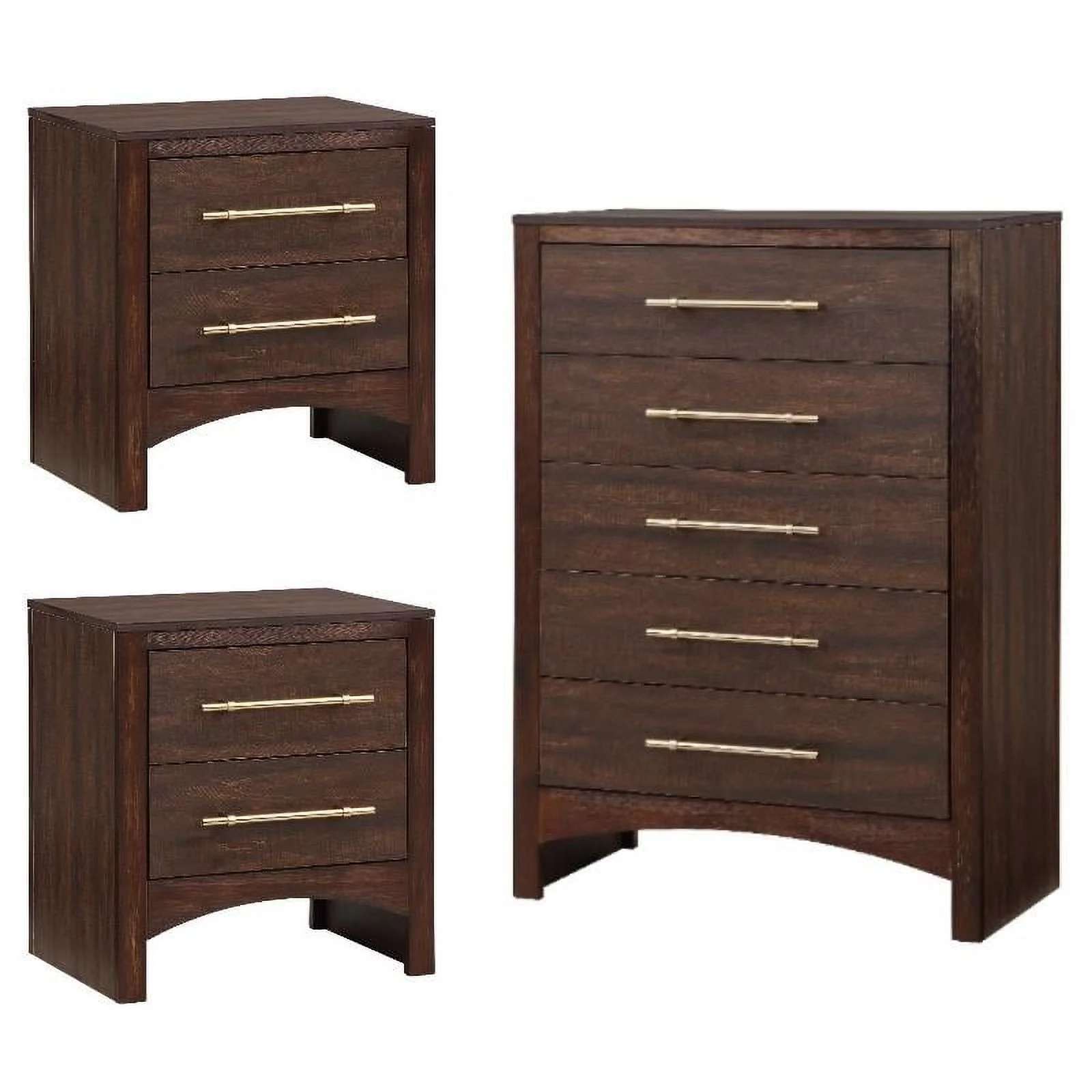 Home Square 3-Piece Set with 2 Nightstands and 5-Drawer Chest in Walnut