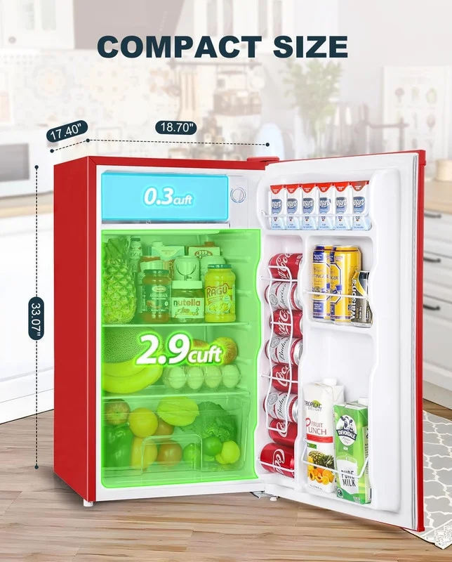 3.2 Cu.Ft Mini Fridge with Freezer, Single Door Mini Fridge, Adjustable Thermostat, Mini Refrigerator for Bedroom, Office, Dorm, Red