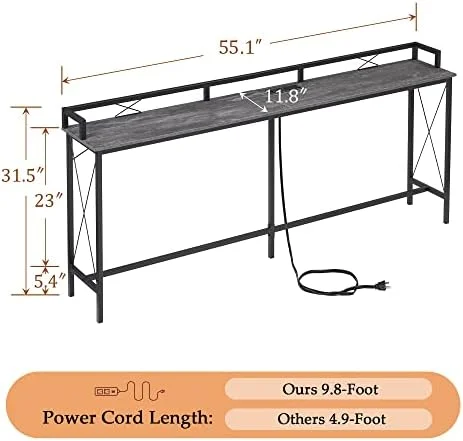 CHDEUSL Couch Side & Console  with 2 Outlets and USB Ports  70.9 Inches  Brown