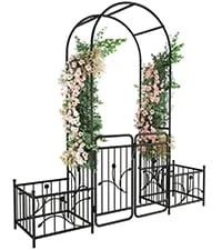 Dextrus Metal Garden Arch with Planter Boxes and Gate, Elegant Wedding Arch Climbing Plants Party Decoration for Outdoor Lawn