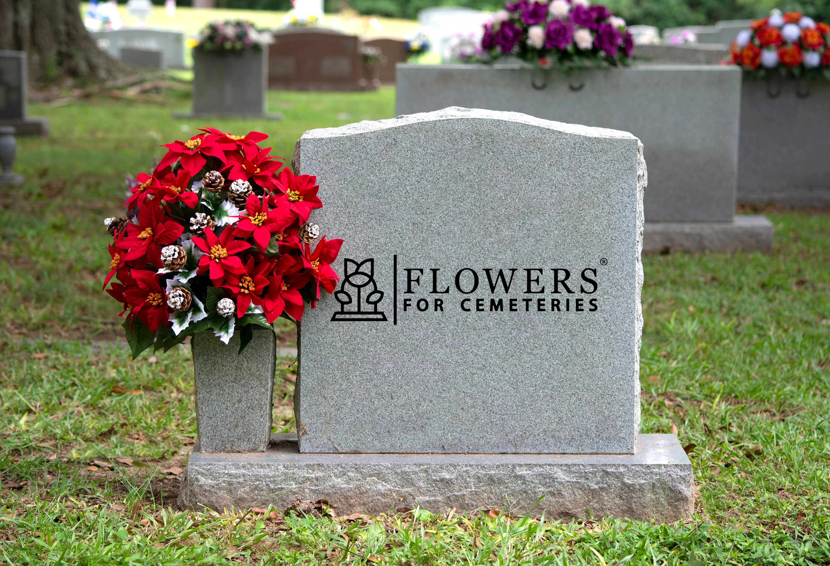 Sympathy Silks Artificial Cemetery Flowers, Christmas Bouquet, Red Poinsettias and Pinecones