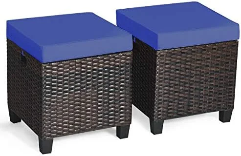 HBLUKDL 2 Pieces Outdoor Patio Ottoman  All Weather Rattan Wicker Ottoman Seat  Patio Rattan   Outdoor Footstool Footrest Seat w/Removable Cushions