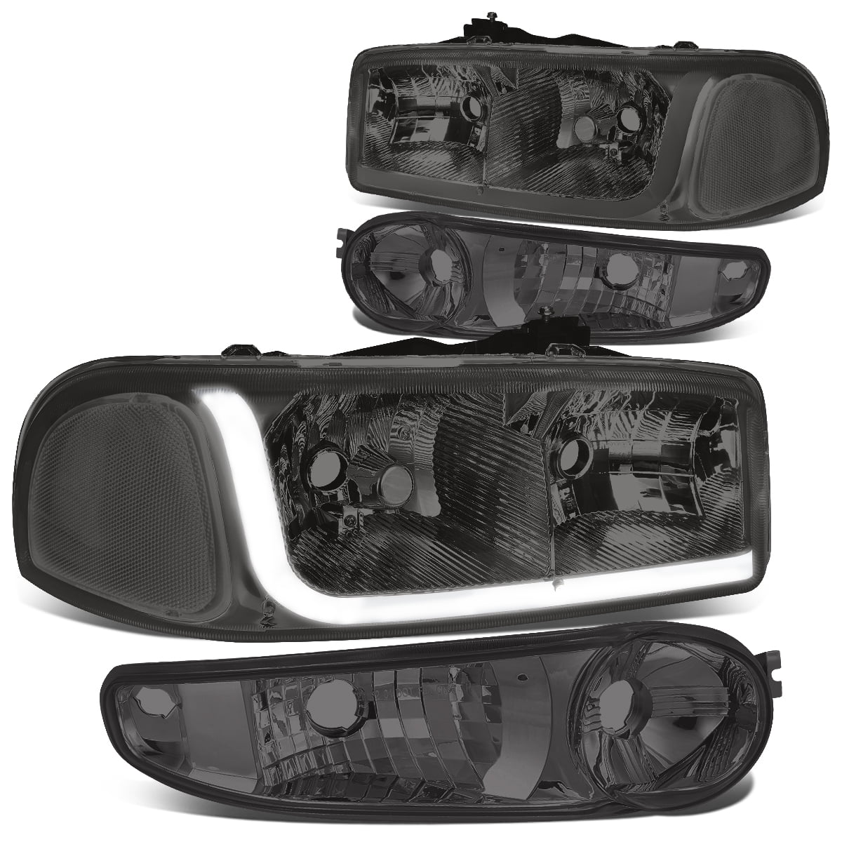 DNA Motoring HL-LB-DAN99-SM-CL1 For 2001 to 2007 GMC Sierra 1500 Classic Yukon Denali LED DRL Light Bar Headlight+Bumper Lamp Chrome Housing Smoked Lens Clear Corner 02 03 04 05 06